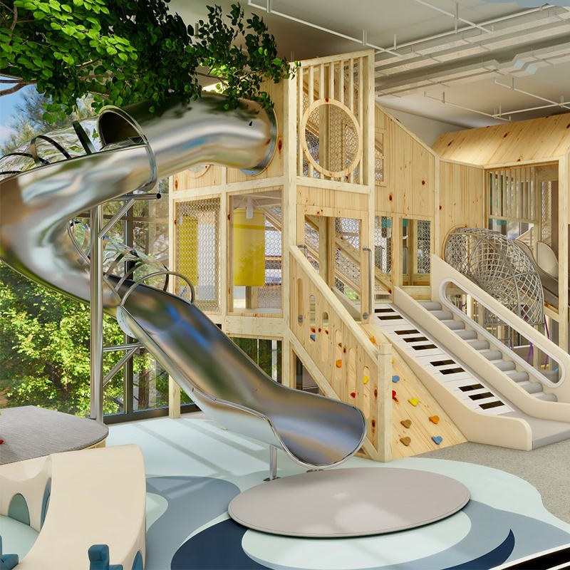 Timber play castle with stainless steel slide and climbing wall