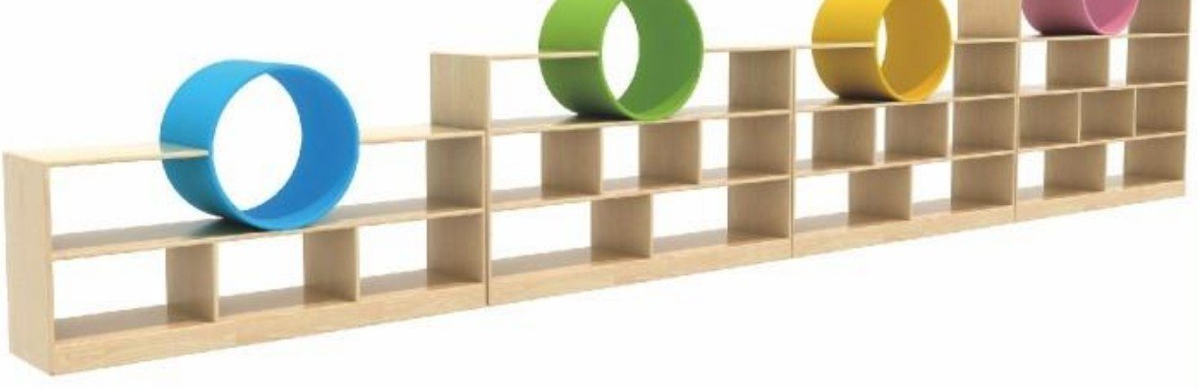 Timber classroom shelving with colourful play rings