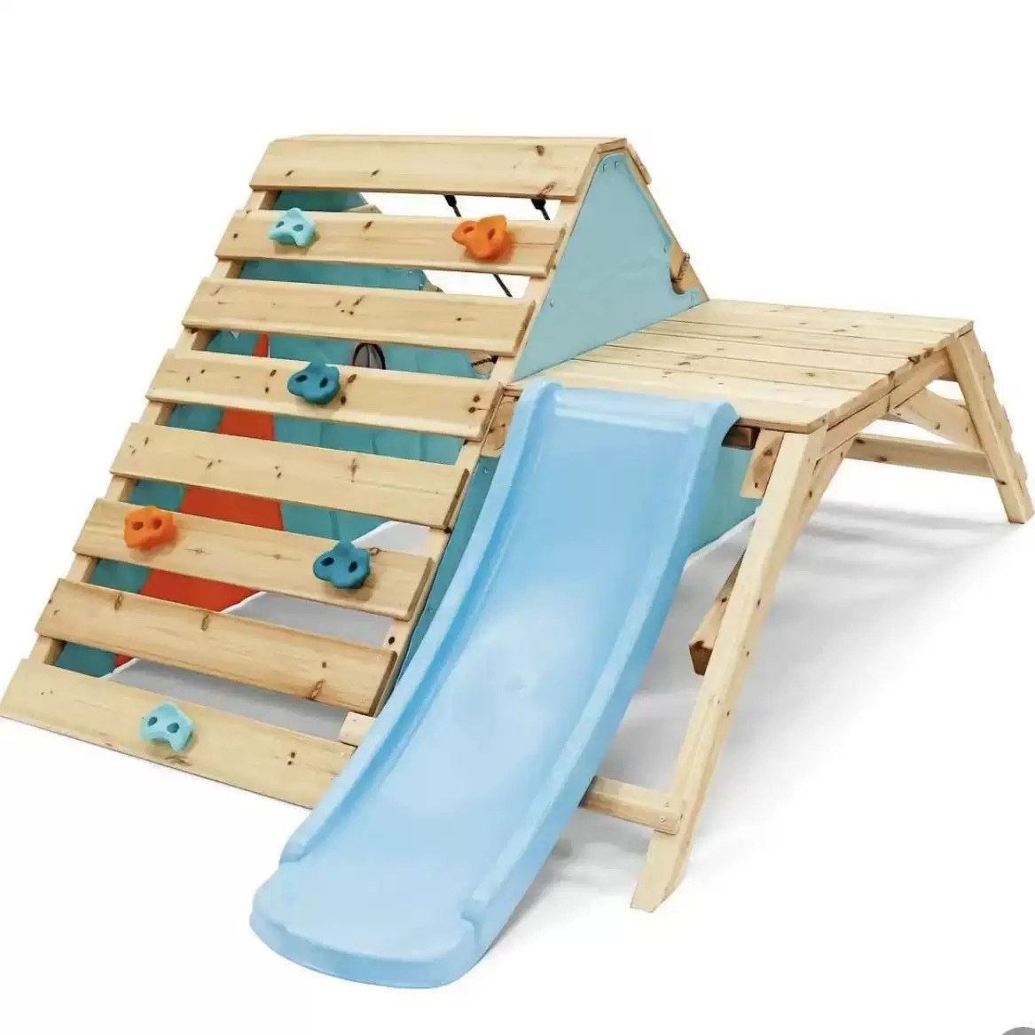 Timber A-frame climber with climbing holds and slide