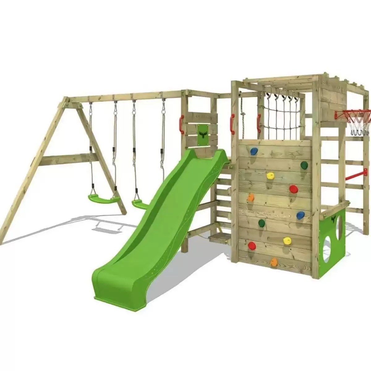 Timber combination unit with swings, slide, climbing wall and basketball hoop