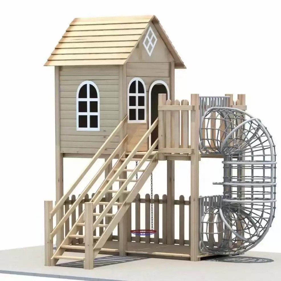 Timber playhouse with staircase and spiral rope net climber