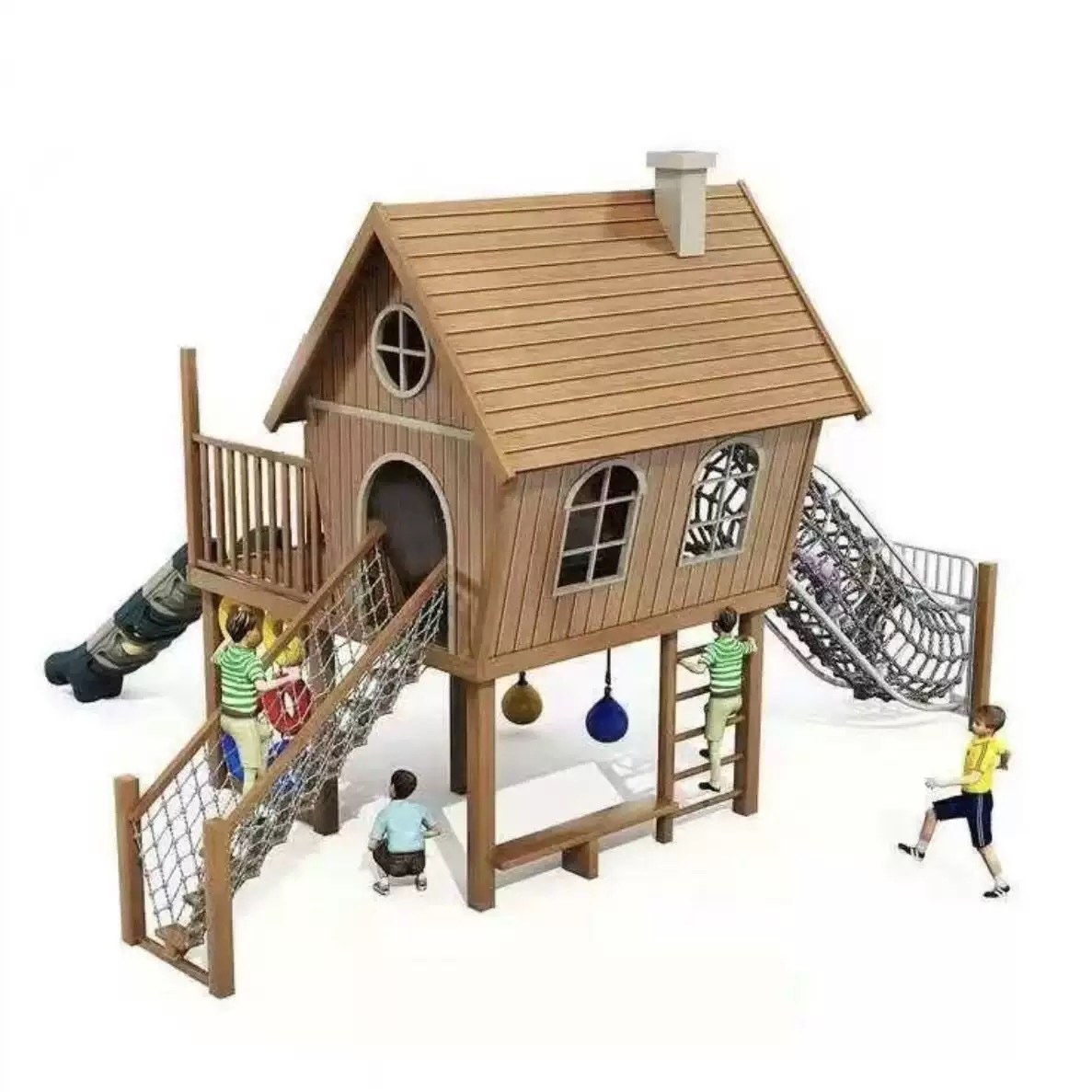 Timber stilt playhouse with net ramp, climbing ladder and tube slide