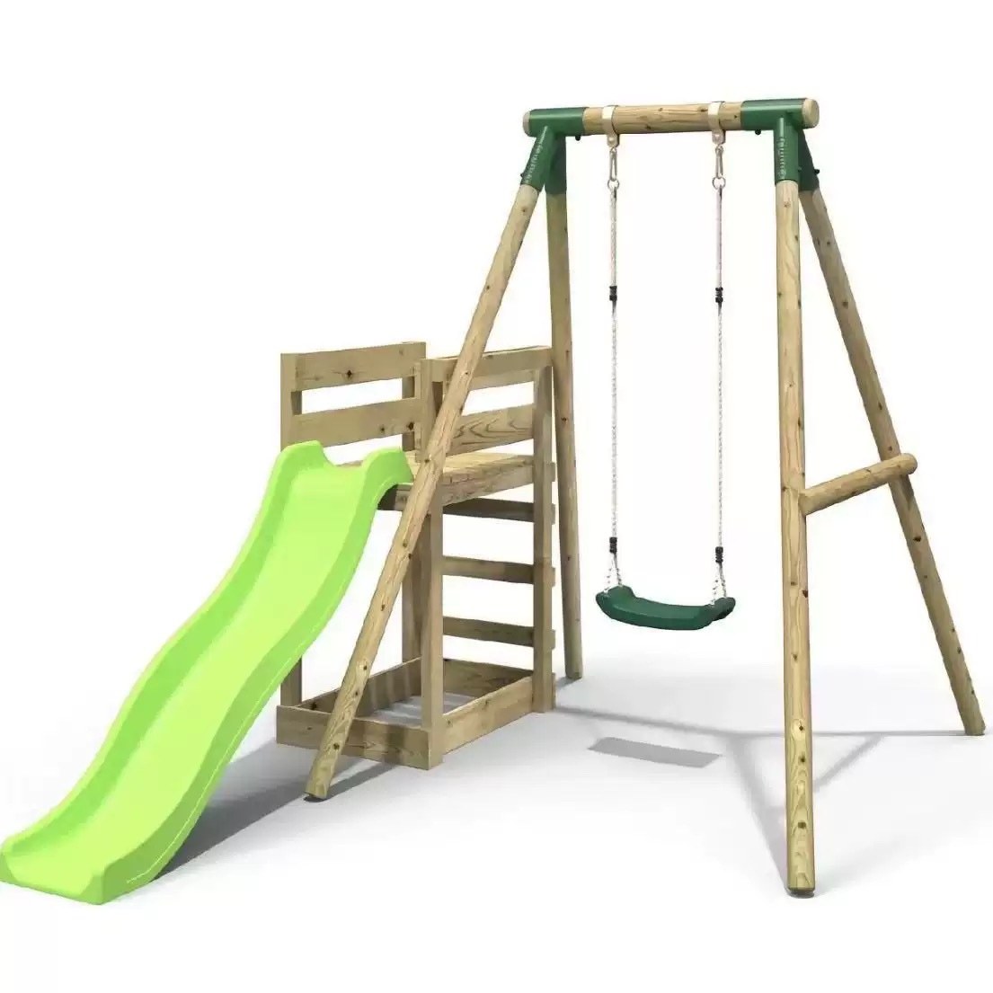 Round-log timber swing frame with slide platform