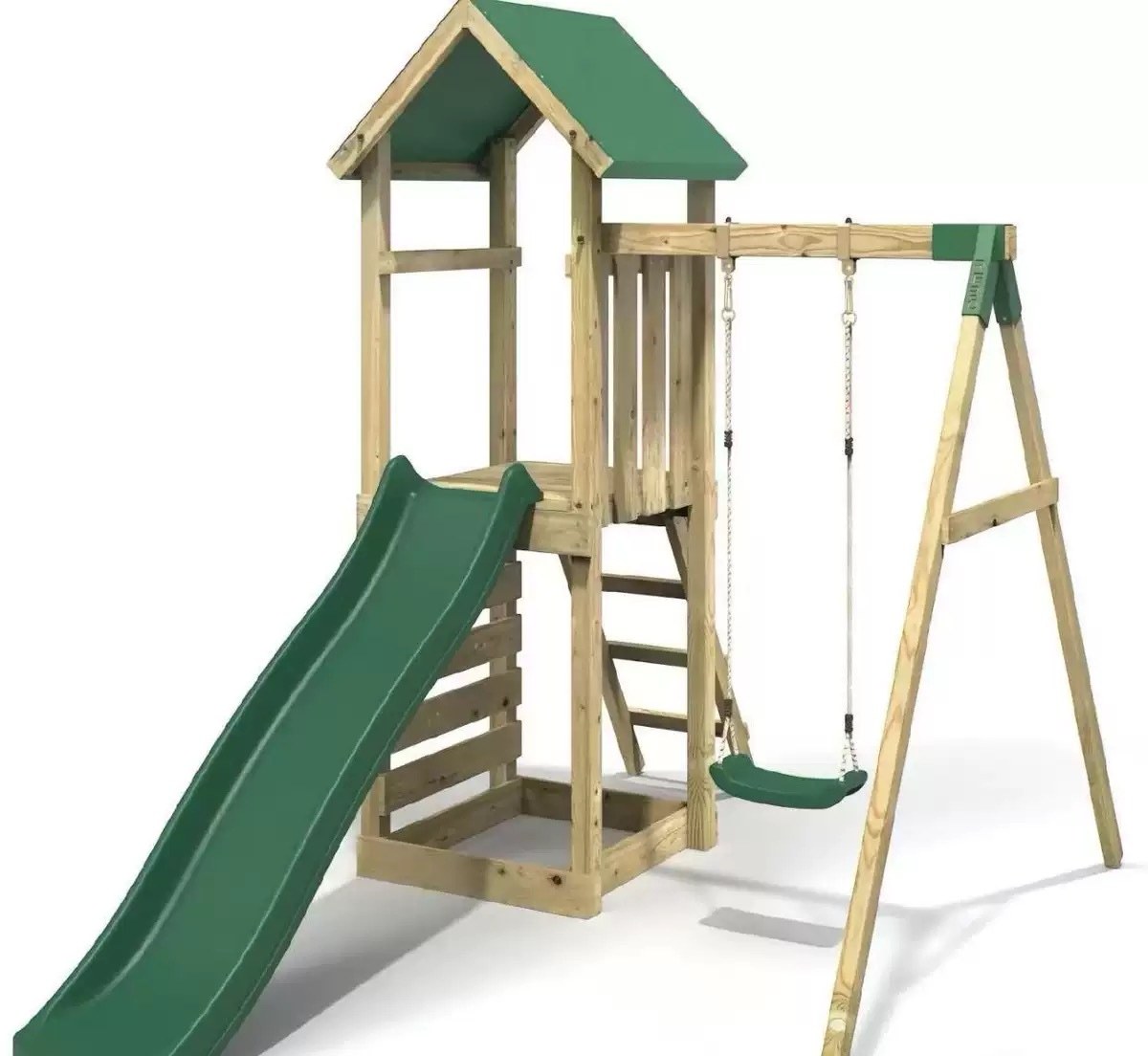Roofed timber play tower with slide and swing arm